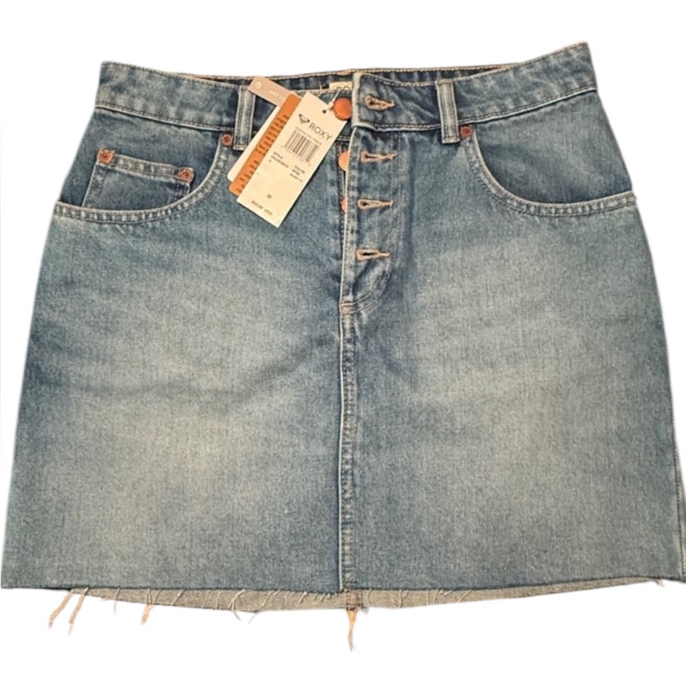 Roxy Denim Jean Skirt “Surfing Girl Power” Raw Hem High Waisted Size Medium